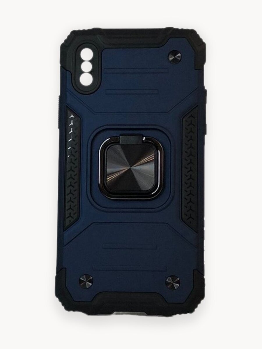 Противоударный чехол для iPhone X / XS синий с пластиной для магнитного автодержателя и кольцом подставкой