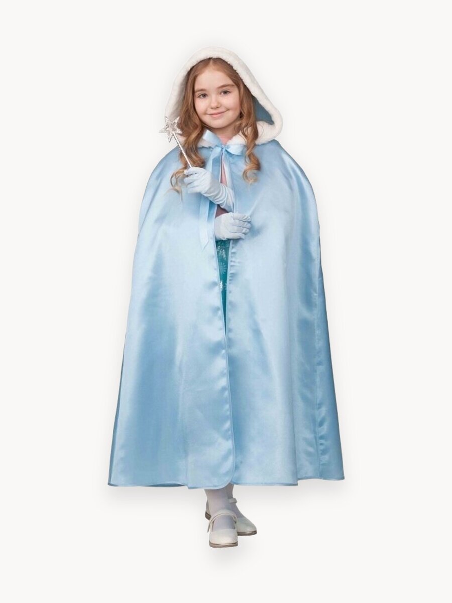Плащ Принцессы голубой сатин р.110-122. Комплектность: плащ, перчатки, волшебная палочка.