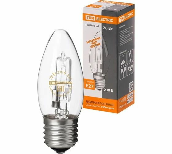Галогенная лампа TDM ELECTRIC "Свеча" прозрачная, 28 Вт-230 В-Е27 10 шт