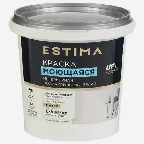 Изображение товара Краска водно-дисперсионная Estima полиакриловая интерьерная моющаяся матовая белая 1.5 кг для стен и потолка