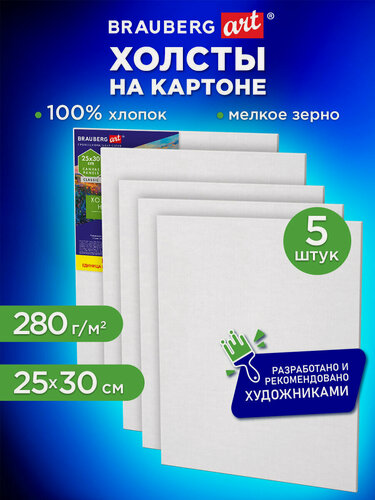 Изображение товара Холст для рисования на картоне маленький 25x30 см набор 5 штук, 280 г/м2, грунт, хлопок, Brauberg Art Classic, 192652