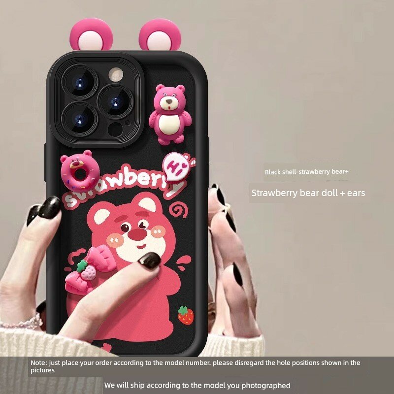 Силиконовый чехол для iPhone 17 с фигуркой мишкой-клубникой и ушами, классический черный, амортизирующий удары