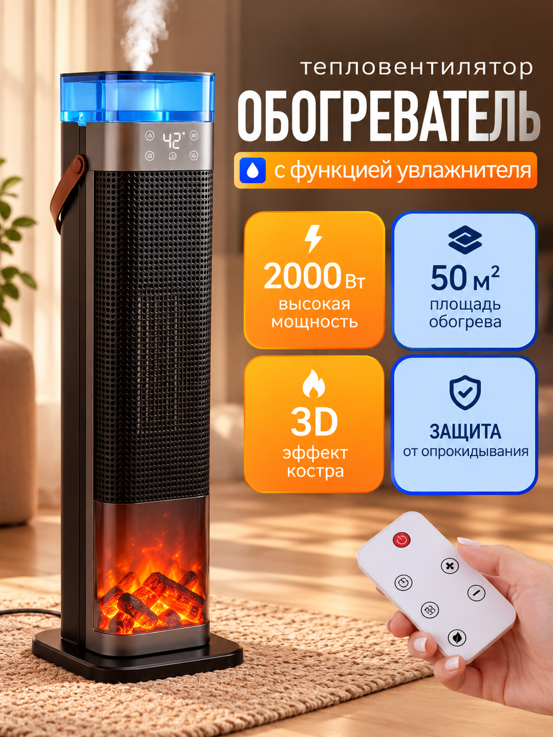 Обогреватель электрический напольный с увлажнителем и камином , пульт ду