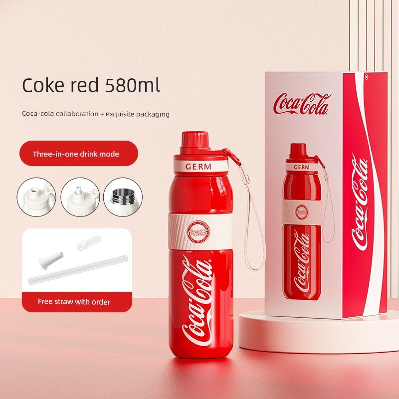 Женская термос-чашка Coca-Cola 580 мл с трубочкой, красный Coca-Cola для студентов и детей