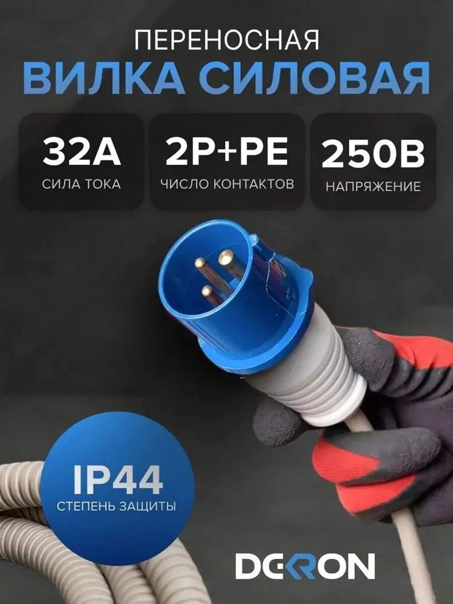 Силовая переносная вилка 023 2Р+РЕ, 32А, 250В, IP44, синяя, для строительных и промышленных работ