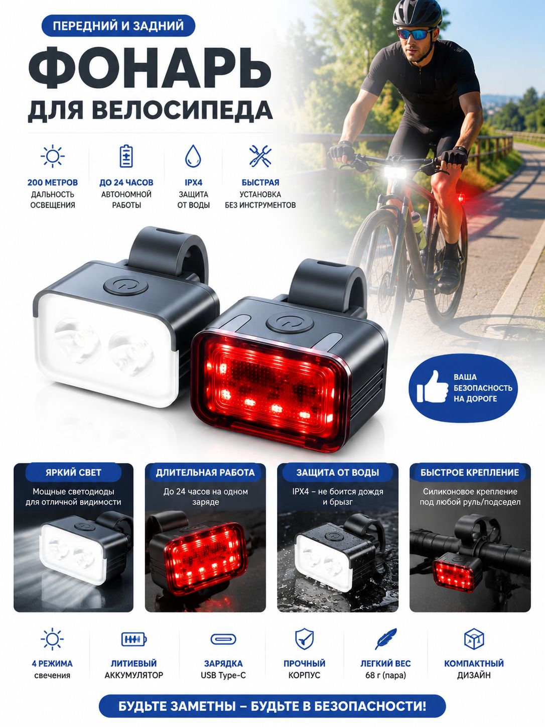 Комплект велосипедных фонарей передний + задний, USB Type-C зарядка, IPX4 водозащита, яркий свет 800 лм, много режимов освещения для ночных поездок