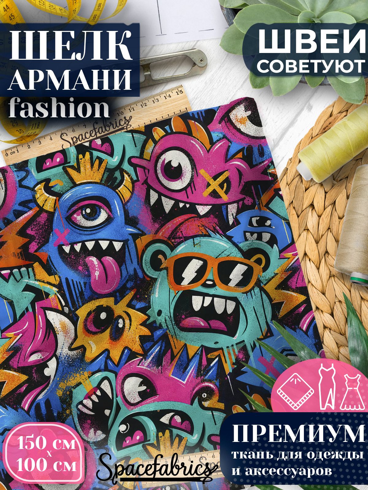Ткань для шитья шелк Армани, искусственный атлас шелк для костюмов, платьев, юбок с принтом Весёлые монстры
