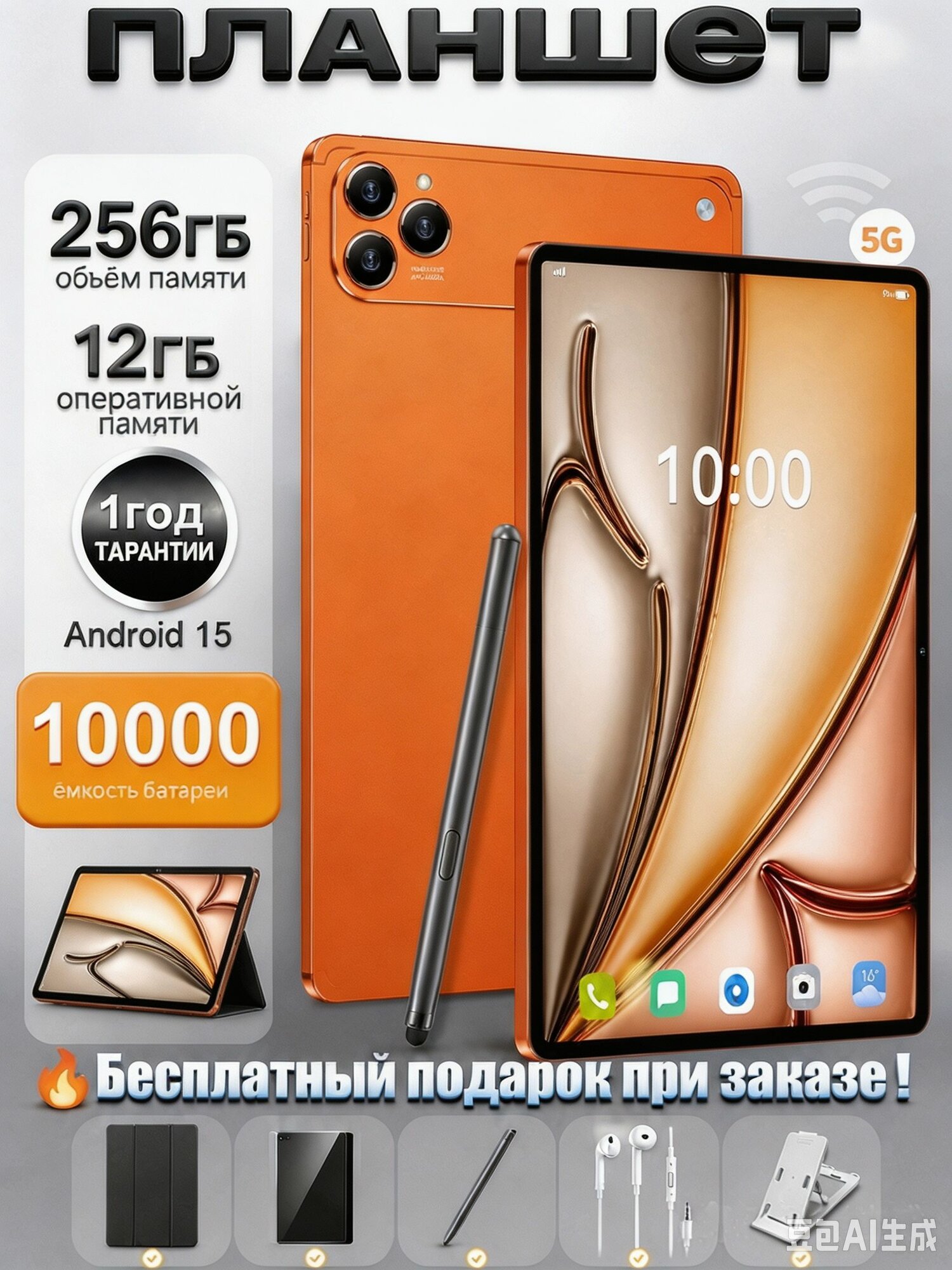 MOMEI Планшет MOMEI Планшет 10.1" 12 ГБ ОЗУ 256 ГБ Android 15.0 металлический корпус и рамка для учебы работы и развлечений, 10.1" 12 ГБ/256 ГБ, 10.1" 12 ГБ/256 ГБ, оранжевый
