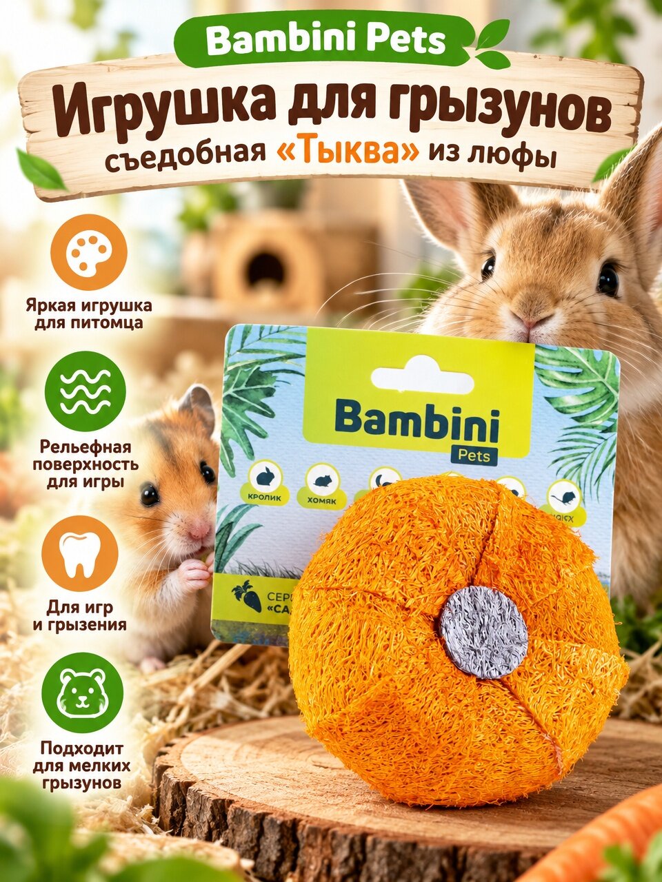 Bambini Pets Лакомство для грызунов, игрушка"Тыква", из люфы, 1 шт