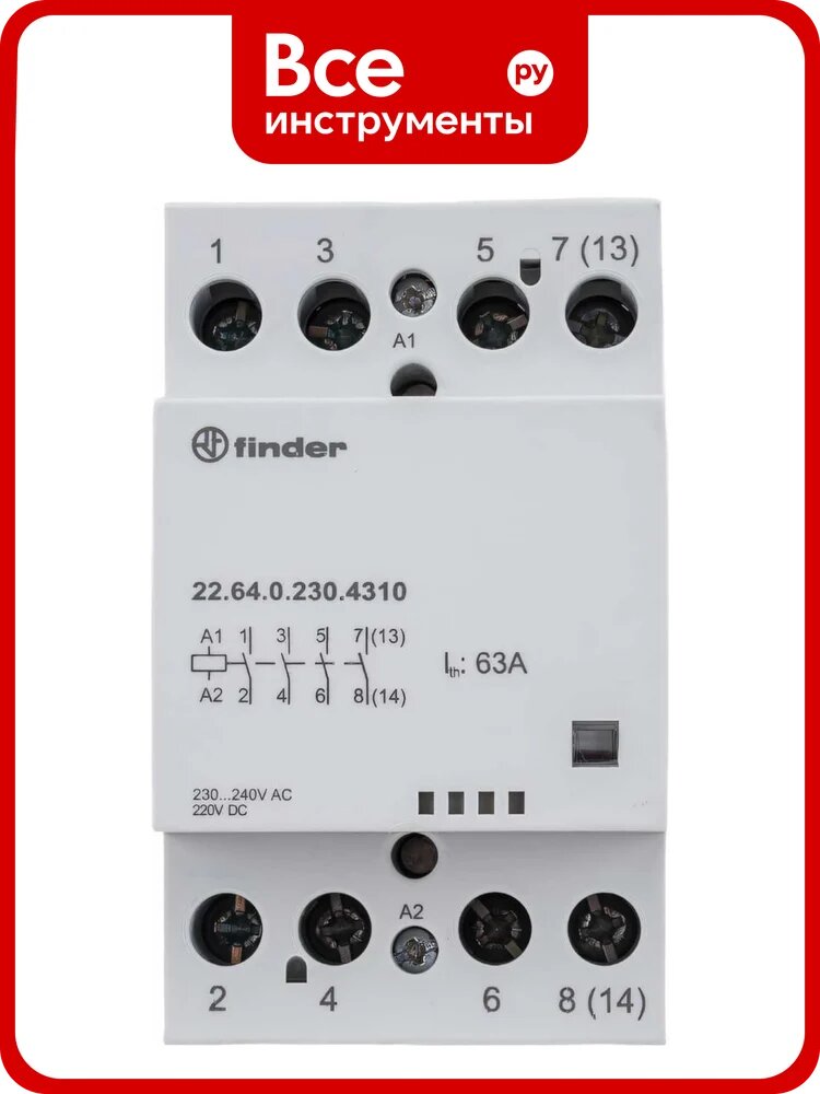 Модульный контактор Finder 4NO 63 А 230 В AC/DC, корпус пластик/металл, монтаж DIN‑рейка, степень защиты IP20 класс