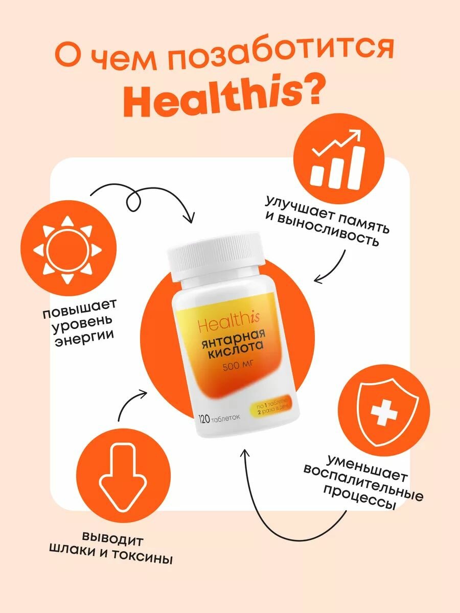 Янтарная кислота 500 мг, витамины в таблетках для иммунитета, нервной системы и от похмелья — фото 1
