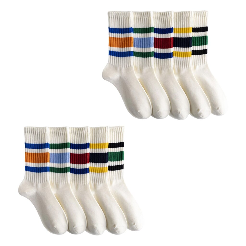 5 Pairs Striped Casual Calf Socks Elasticated Cotton Footwear Multiple Retro Colors Lightweight Breathable Design