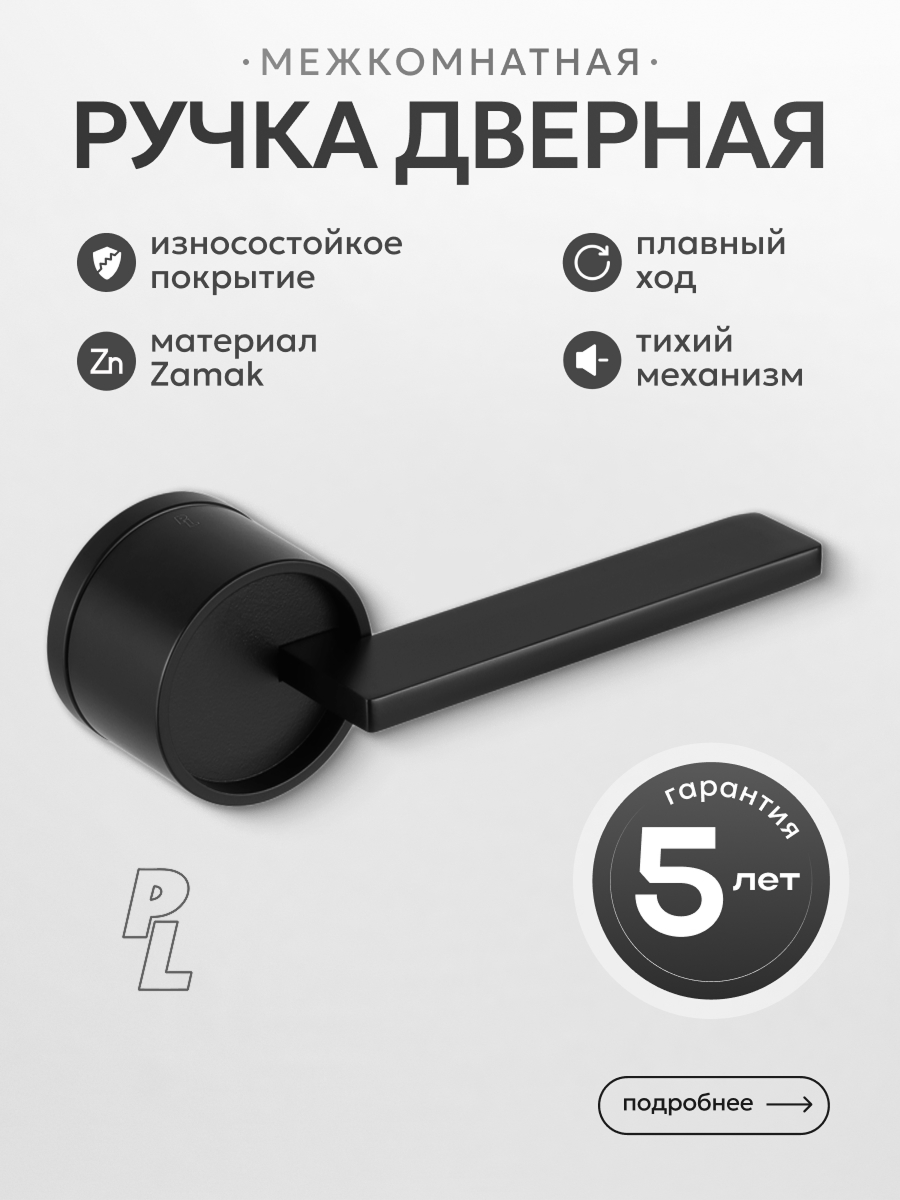 Ручка для межкомнатных дверей PL Radiant черная матовая, круглая розетка, без замка и завертки, цинк