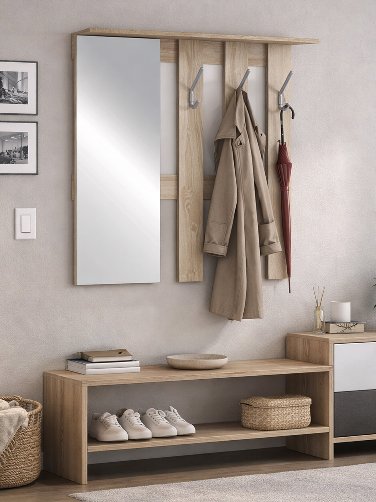 Вешалка настенная столплит Мамбо СБ-2880 с зеркалом, с крючками, с полкой, 88*90*24 см, кдсп Дуб Сонома