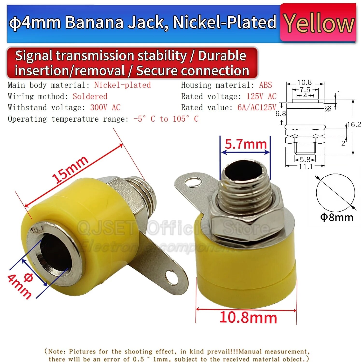 Banana Jack 4 мм, Yellow, 5 шт.