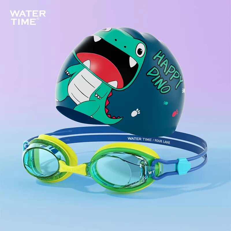 WaterTime Детские плавательные очки с антизапотеванием, водонепроницаемыми и шапочкой - Желтый с динозавром
