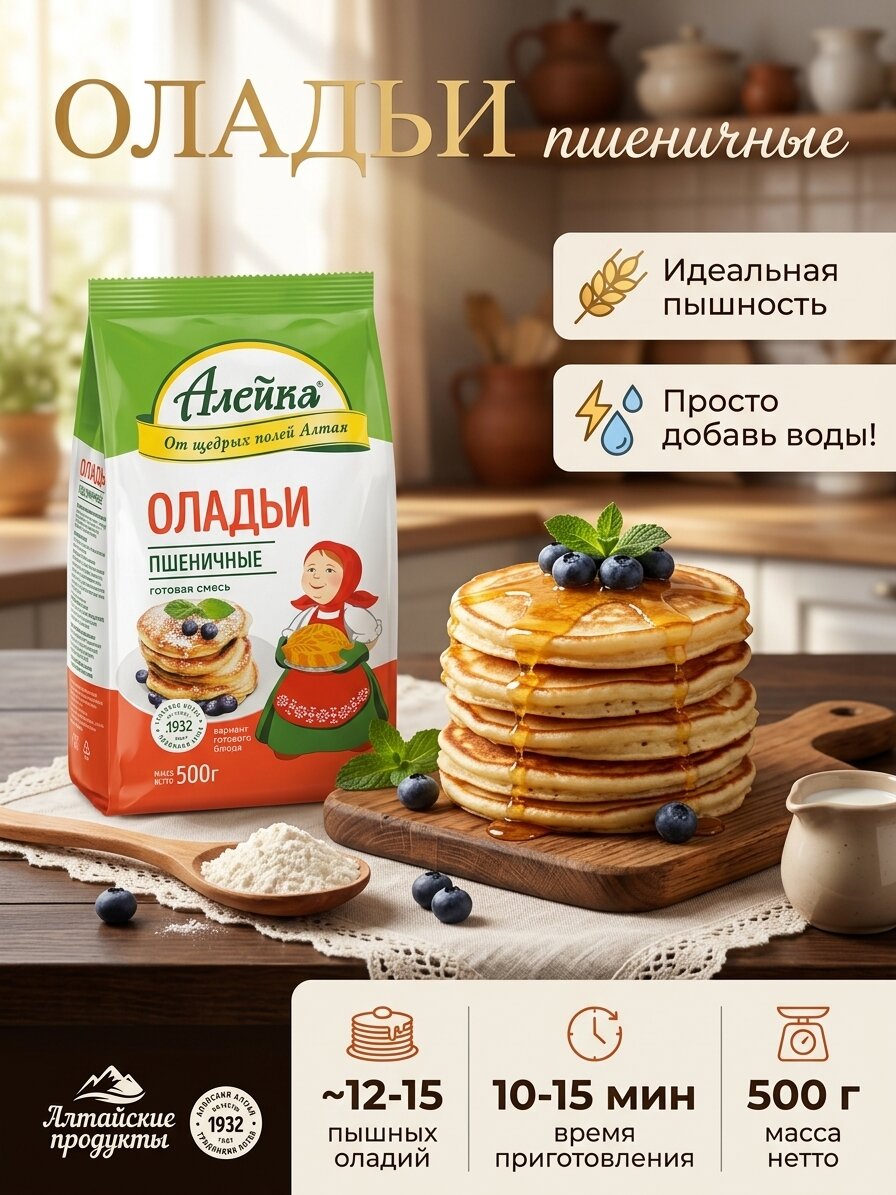 Смесь для оладий «Алейка» пшеничная, готовая мучная смесь для выпечки, 500 г
