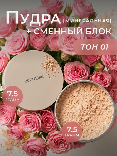 Изображение товара Набор ровный тон и мягкость Ecomake Пудра минеральная рассыпчатая матирующая для лица Сменный блок 2 в 1