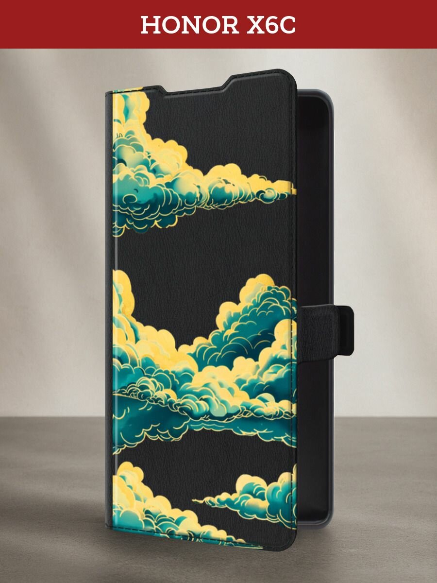 Чехол-книжка на Honor X6c / Хонор X6c с принтом Облака и космос, черный