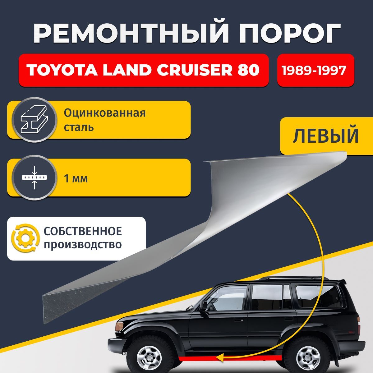 Левый ремонтный порог для Toyota Land Cruiser 80 1989-1997 внедорожник 5 дверей, оцинкованная сталь 1 мм. (Тойота Ленд Крузер 80), порог автомобильный, стандартный. Кузовной ремонт.