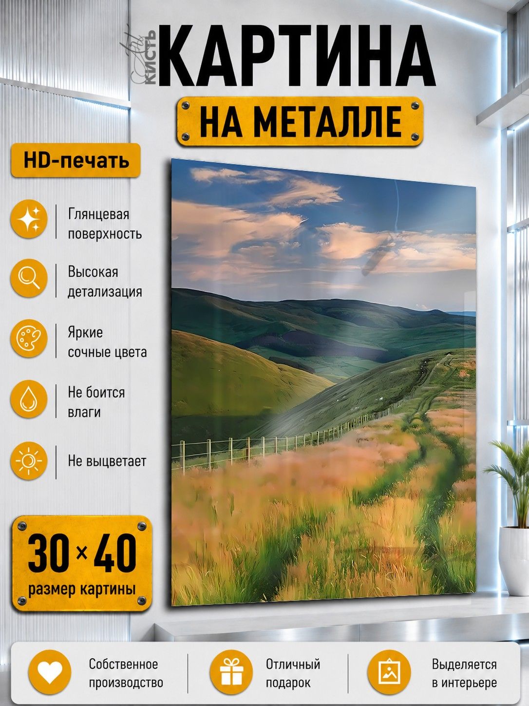 Картина на металле интерьерная на стену 30х40 природа Пейзаж летний тропа и горы