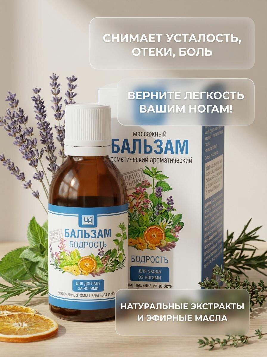Аромабальзам "Бодрость" для ухода за ногами при болях и отеках, снимает усталость, от трещин и натоптышей, 50 мл