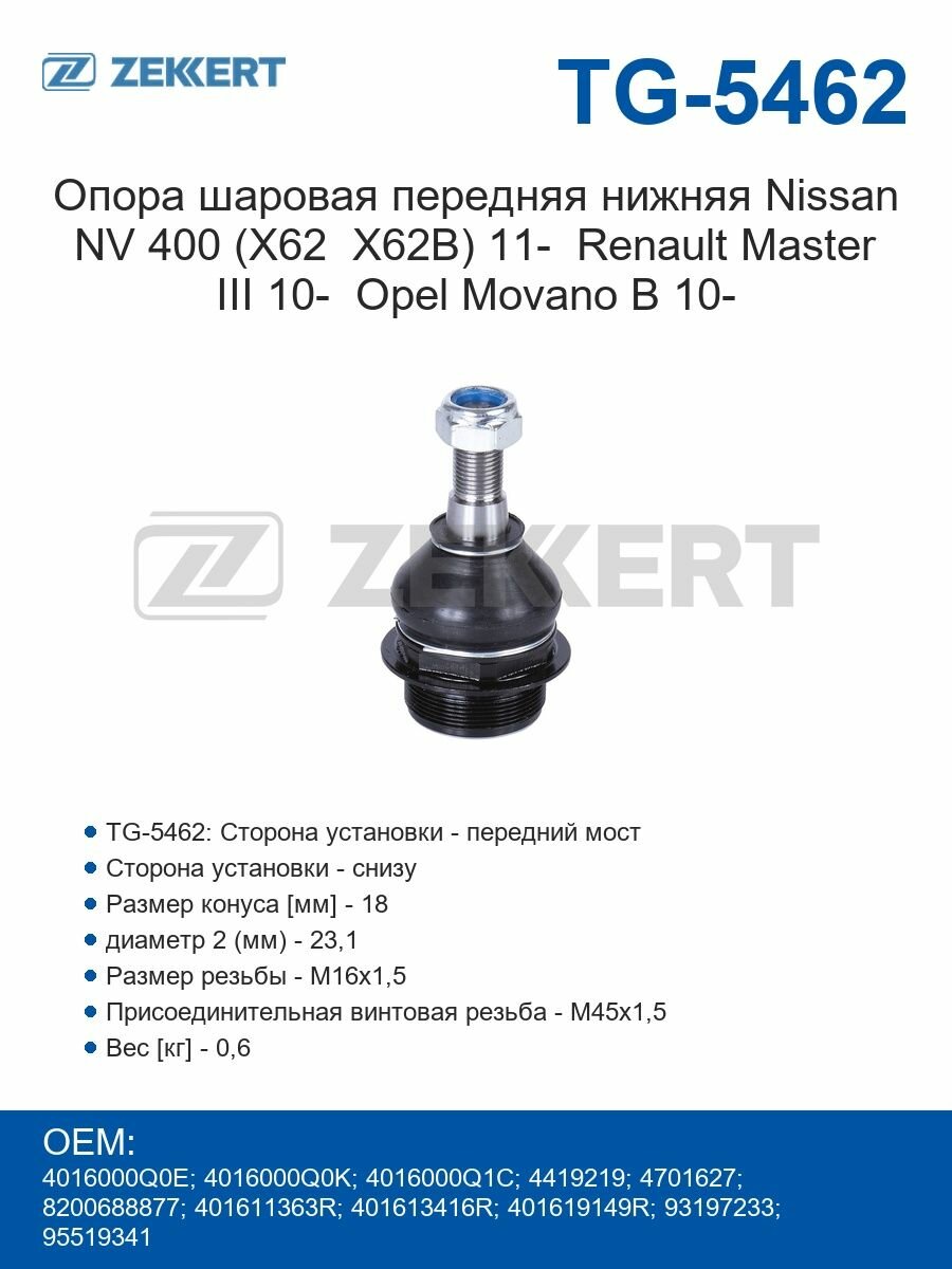 Zekkert Опора шаровая передняя нижняя (правая резьба) Opel Movano B с 2010 года Renault Master III с 2010 года Nissan NV 400 (