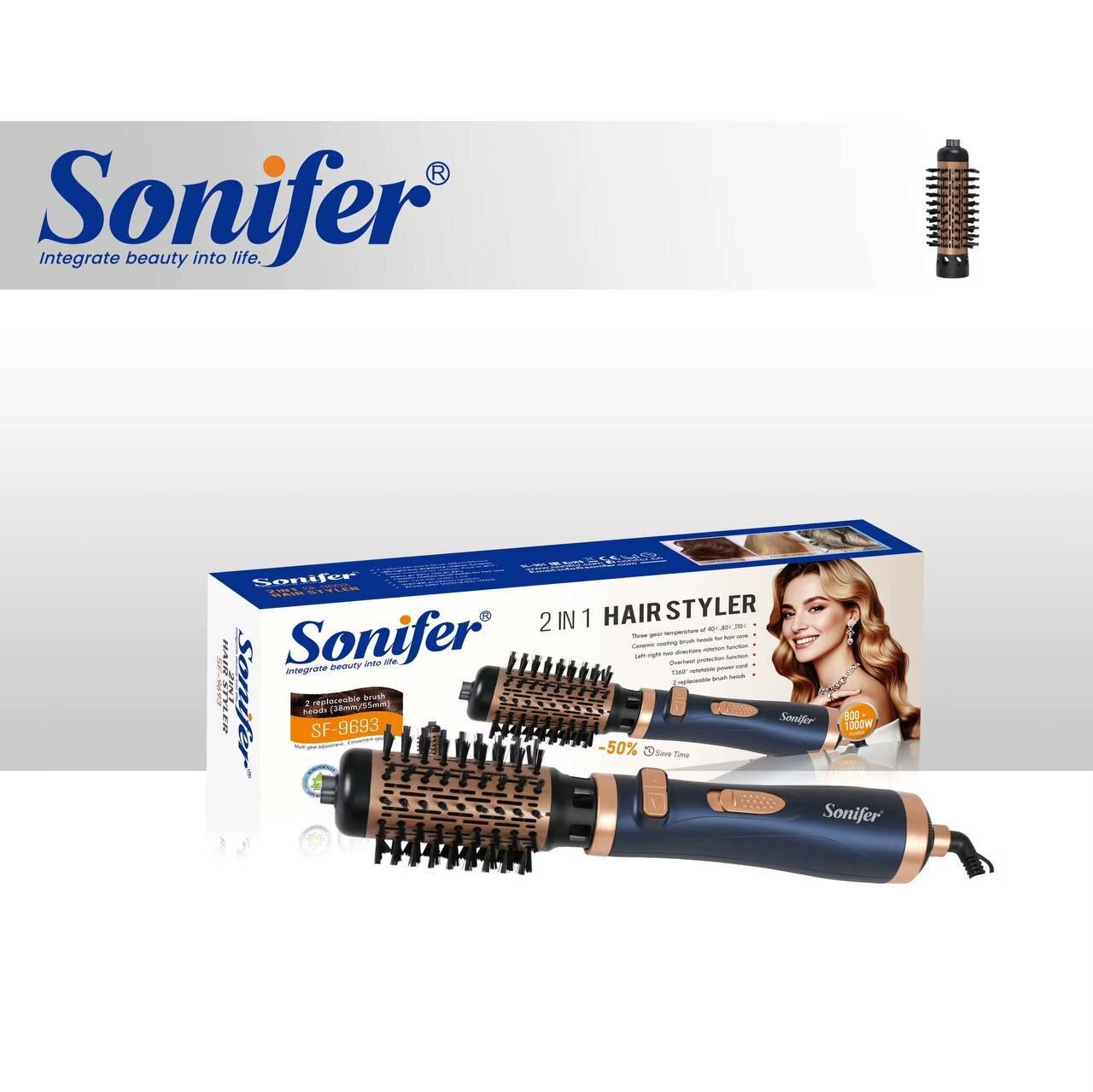 Фен-расческа "Sonifer-9693", керамическое покрытие, 1000Вт, защита от перегрева