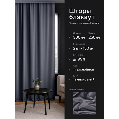 фото Шторы блэкаут однотонные плотные для спальни интерьерные серые 150х250 см (2 шт.) dohouse