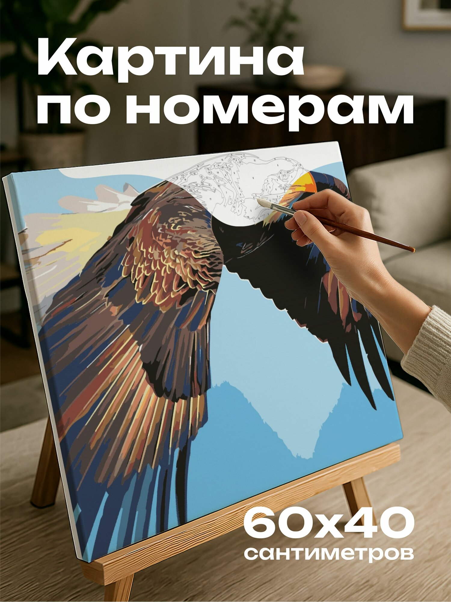 Картина по номерам 60x40 см, орлан, крылья, полет, взгляд, небо, фотография, величие, хищная птица, Nikon, ISO
