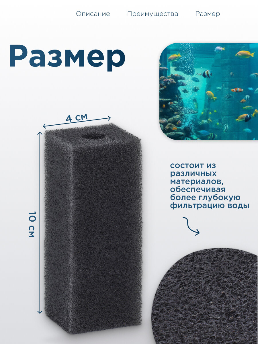 Губка прямоугольная для фильтра, серия F, 3,5 х 4 х 10 см, серая — фото 1