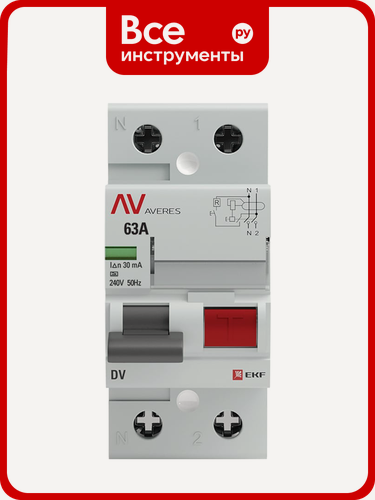Изображение товара Устройство защитного отключения EKF DV 2P 63А/30мА A AVERES rccb-2-63-30-a-av