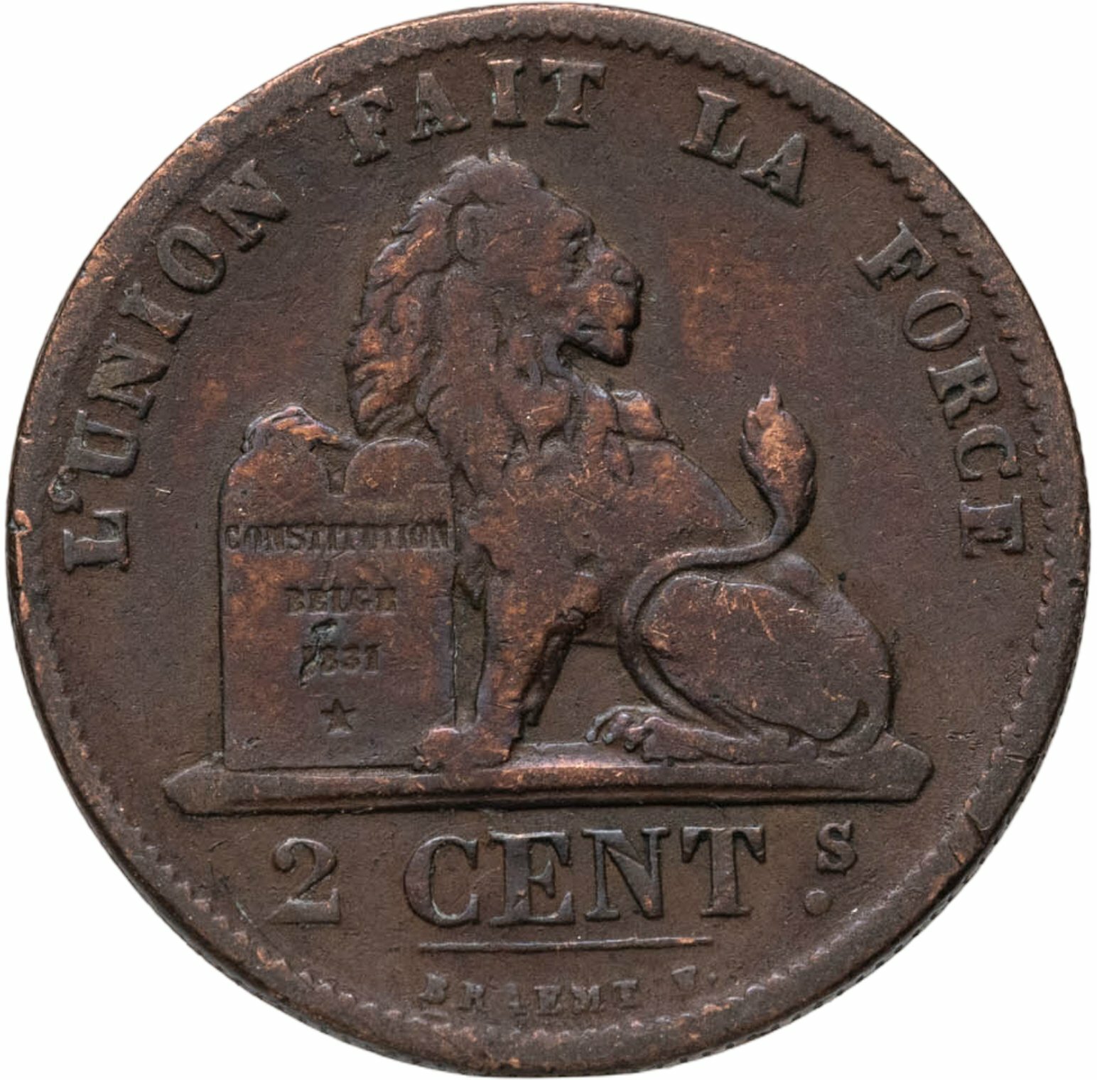Бельгия 2 сантима centimes 1875 Надпись на французском - 'DES BELGES', Медь, в сохранности F-VF