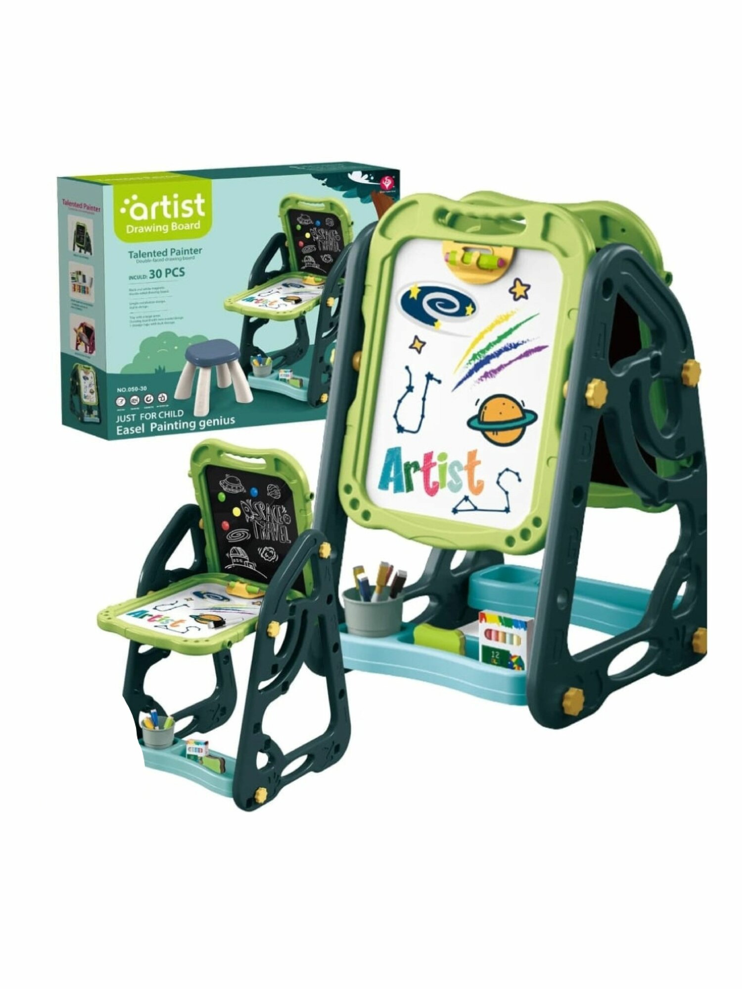 Детский мольберт, 2 доски, стульчик, принадлежности для рисования — фото 1