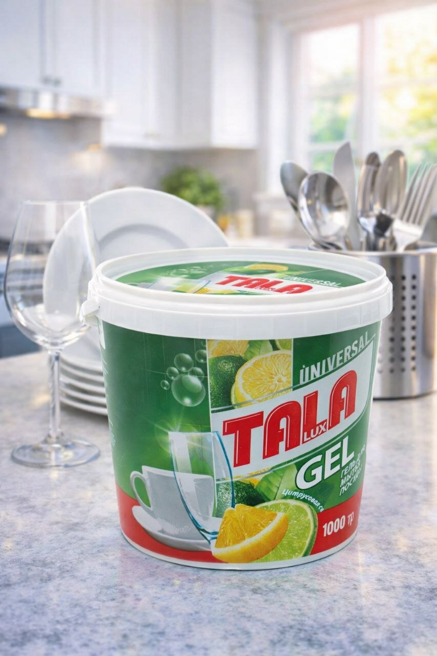 Гель для мытья посуды TALA LUX 1000 г эффективно удаляет жир, придаёт блеск и безопасен для рук.