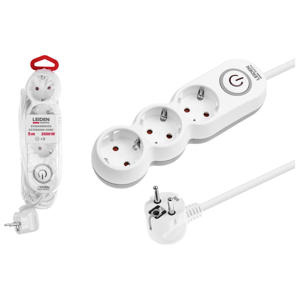 Удлинитель электрический сетевой 5 метров 3 розетки 3,5 кВт с заземлением и выключателем LEIDEN ELECTRIC (805034)