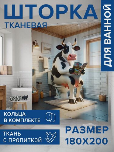 Изображение товара Штора для ванной тканевая 180х200 водоотталкивающая, занавеска в душевую "Увлекательное чтение", JoyArty