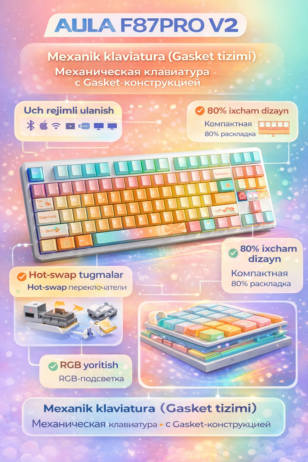 Клавиатура AULA F87PRO, механическая, 80% клавиш, RGB подсветка, 10000 mAh, 8000 Hz