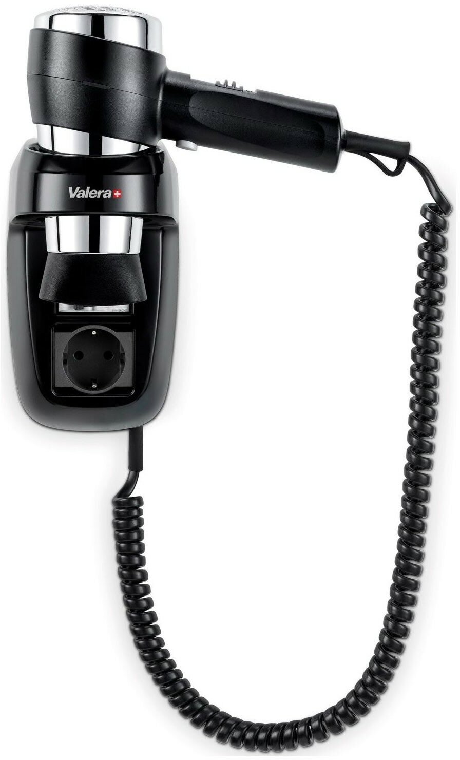Настенный фен с держателем, розеткой и УЗО Valera Action Protect 1600 Socket Black 542.06/044.03