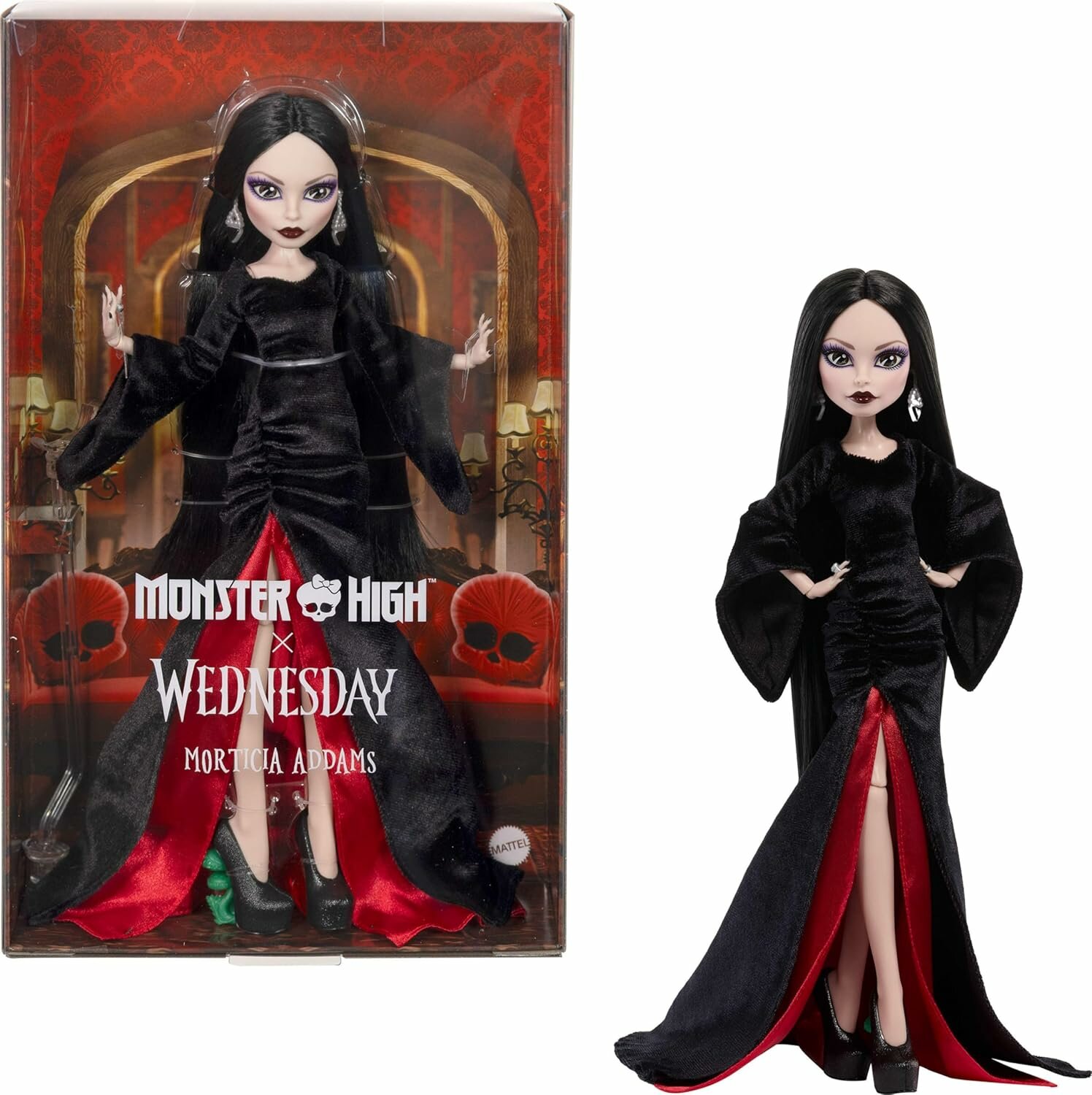 Monster High x Wednesday Morticia Addams — коллекционная кукла в чёрном и бордовом бархате (с подставкой)