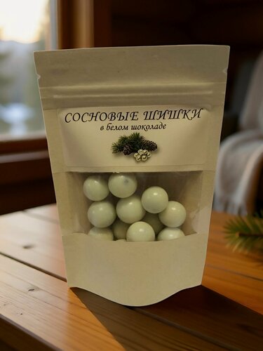 Изображение товара Цукаты из сосновых шишек в белом шоколаде, вкусное лакомство 60 гр