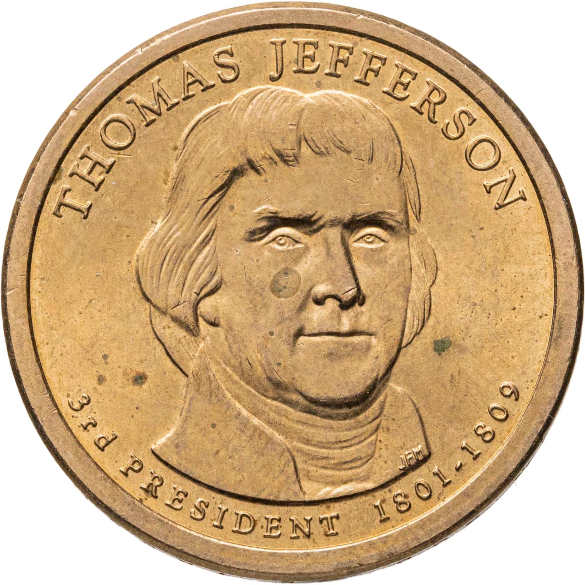 США 1 dollar доллар 2007 "Томас Джефферсон 3-й президент США", знак монетного двора "Р" - Филадельфия, Латунь, в сохранности UNC