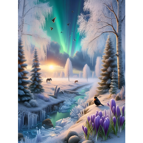 фото Алмазная мозаика на подрамнике 40x50 см. boomboomshop "северное сияние в зимнем лесу" boomboom shop