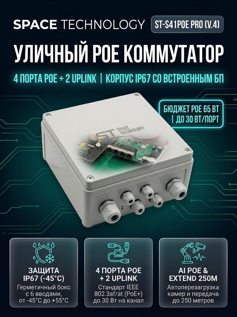 Коммутатор Space Technology ST-S41POE (2M/65W/А/OUT) PRO, (версия 4), Switch POE 4-х портовый