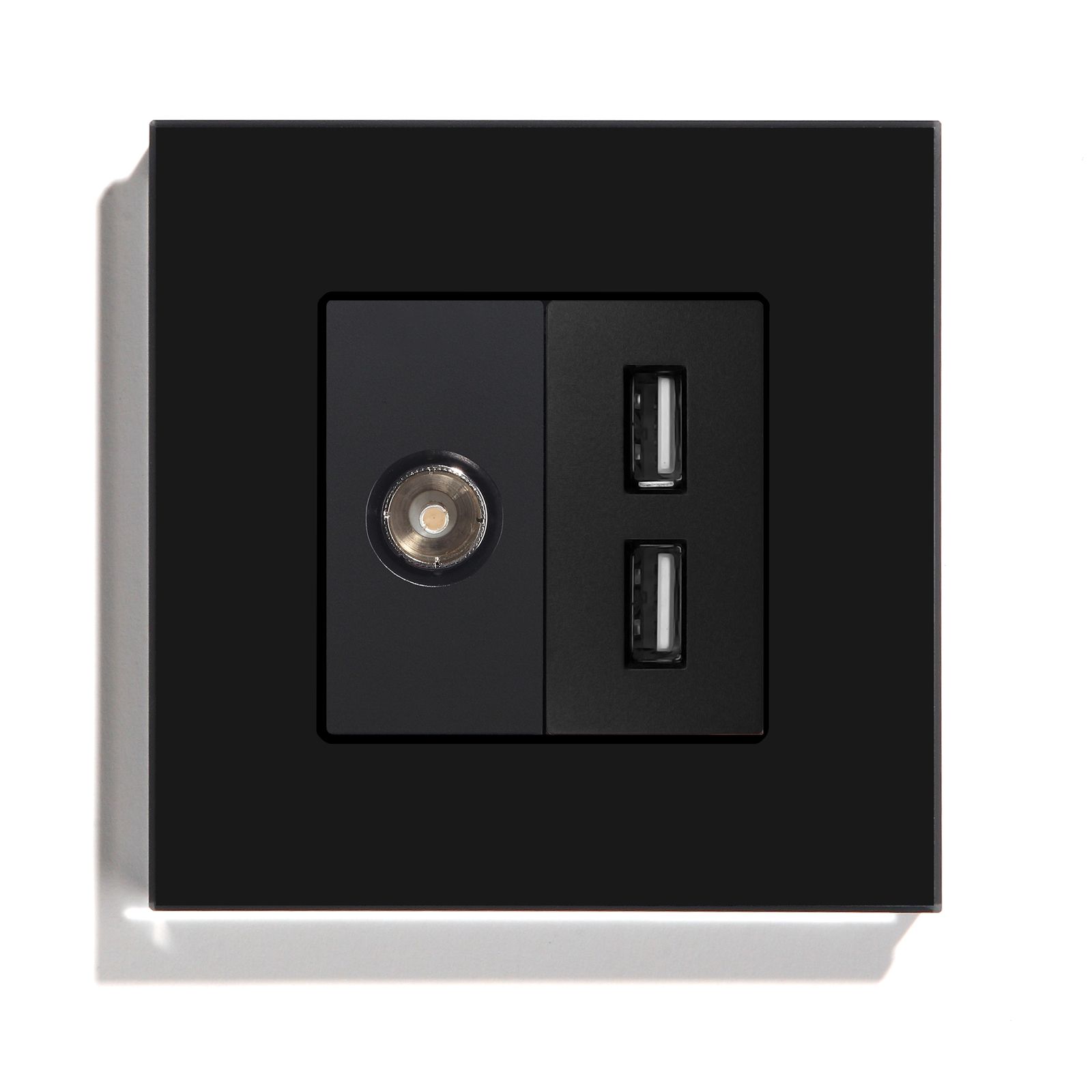 Розетка с ТВ / 2USB, ТВ розетка+USB,5В 2.4 А, рамка стекло Черный, 86mm