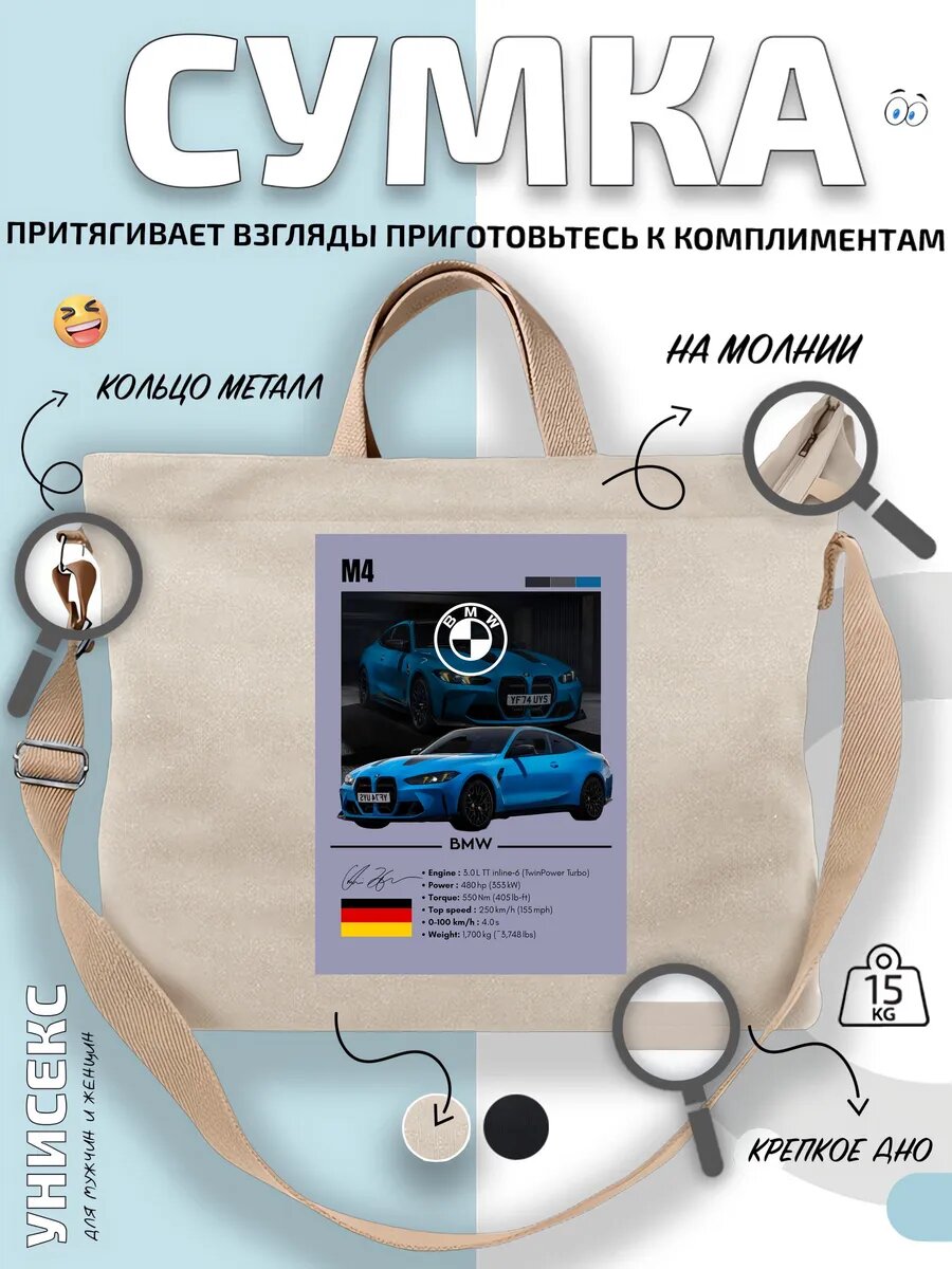 Сумка шоппер  BMW M4 синий спорткупе в движении