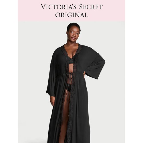 фото Халат victoria's secret sosoft modal ribbed lace-trim long robe, размер xl/xxl, черный