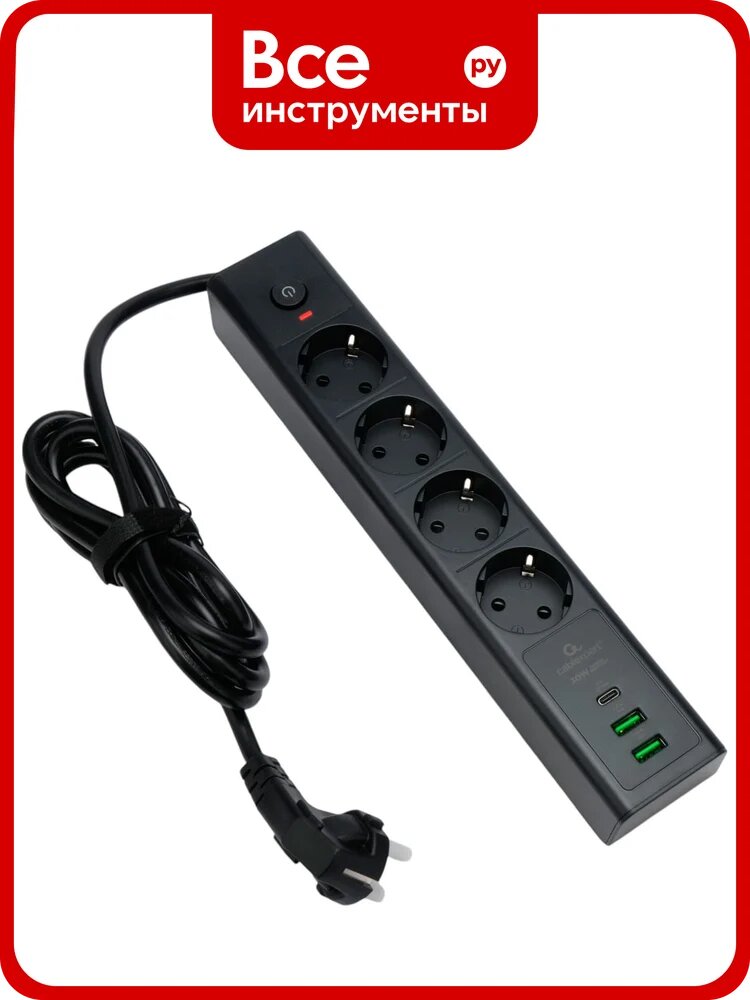 Сетевой фильтр Cablexpert Exnovo 4р, 16А, 1xType-C PD, 30Вт, 2хUSB, 2м, ур. защиты 4+, черный, кор, EXN-4-CU2-B-2