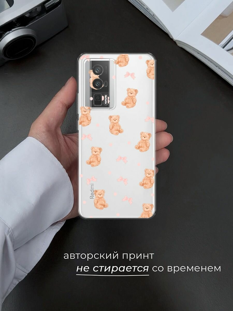 Чехол на Xiaomi Redmi K60/Poco F5 Pro / Редми К60/Поко F5 Pro с принтом Паттерн бежевые мишки, прозрачный — фото 1