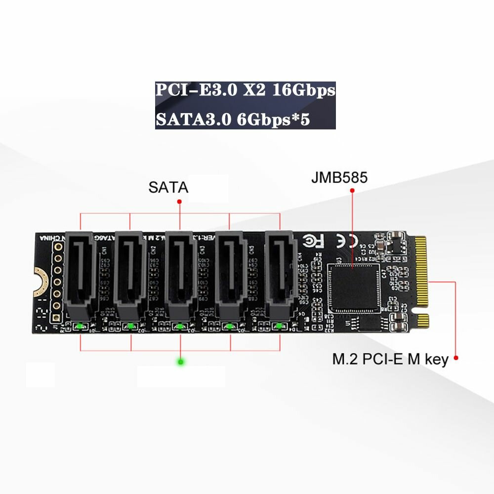 Контроллер PCIe M.2 (JMB585) 5 x SATA, SATA 3.0 (6Gb/s) (ORIENT M2-J585S5)